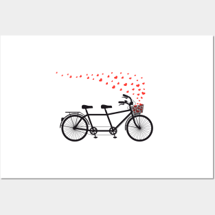 tandem bicycle and flying red hearts for Valentine's day, wedding invitation Posters and Art